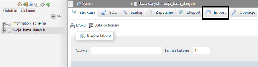 Zakładka "Import" w phpMyAdmin