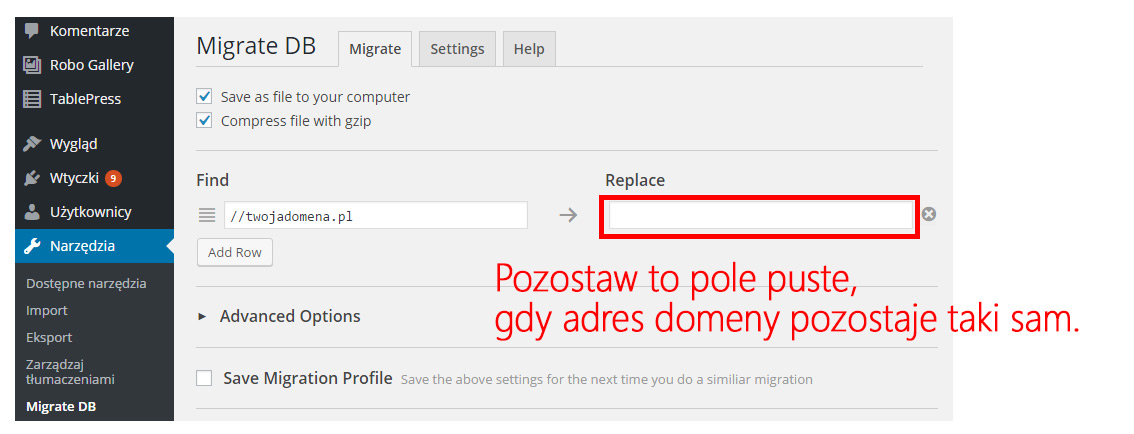 Eksport bazy danych bez zmiany domeny