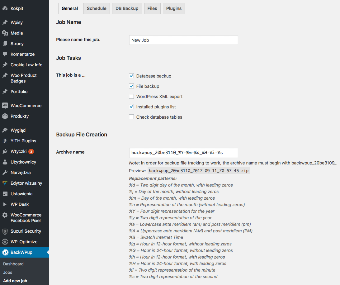 Panel ustawień wtyczki BackWPup