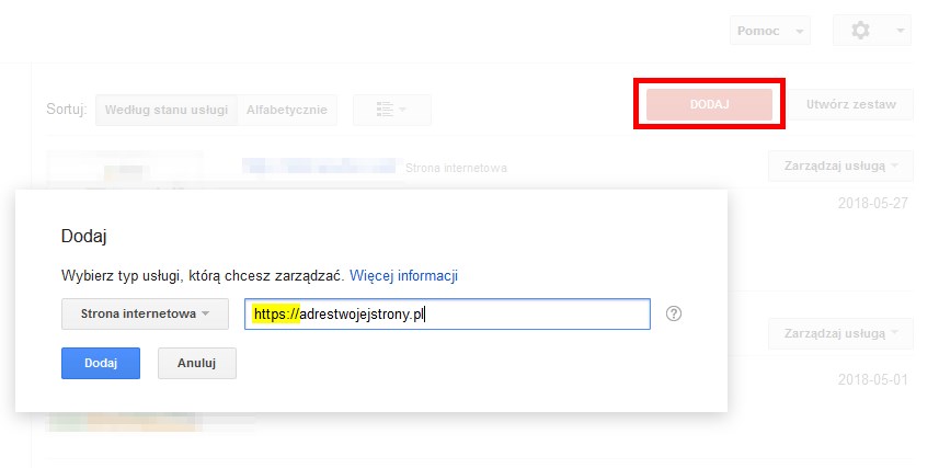 Dodaj stronę z przedrostkiem HTTPS do Search Console