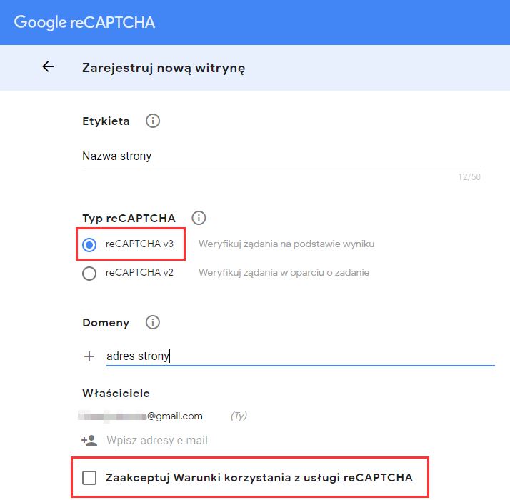 Rejestracja strony w reCaptcha