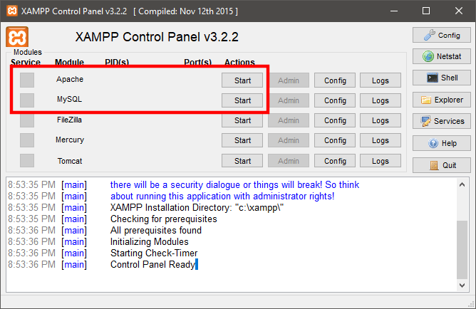 Sprawdź ustawienia programu XAMPP