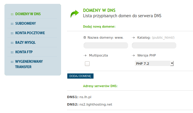 Dodawanie domeny do serwera w LH.pl