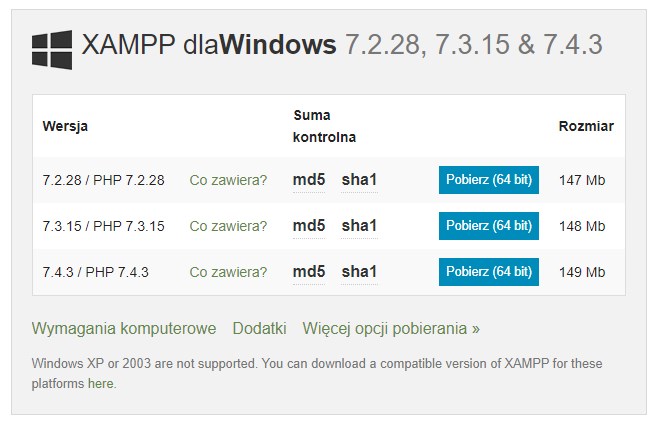 Pobieranie programu XAMPP