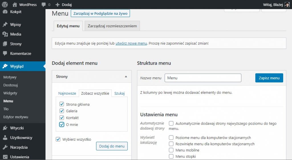 Utwórz menu w WordPressie