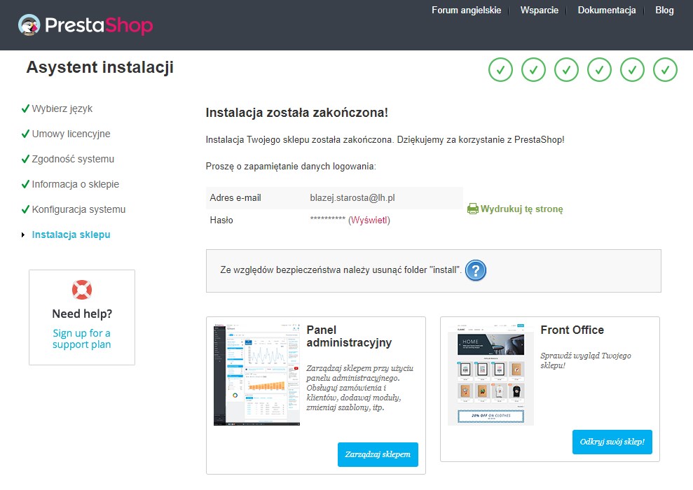 Ukończona instalacja PrestaShop