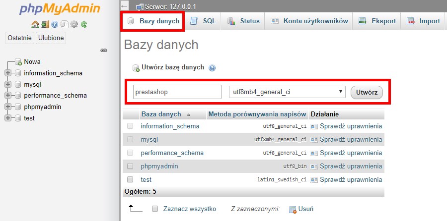 Stwórz bazę danych dla PrestaShop