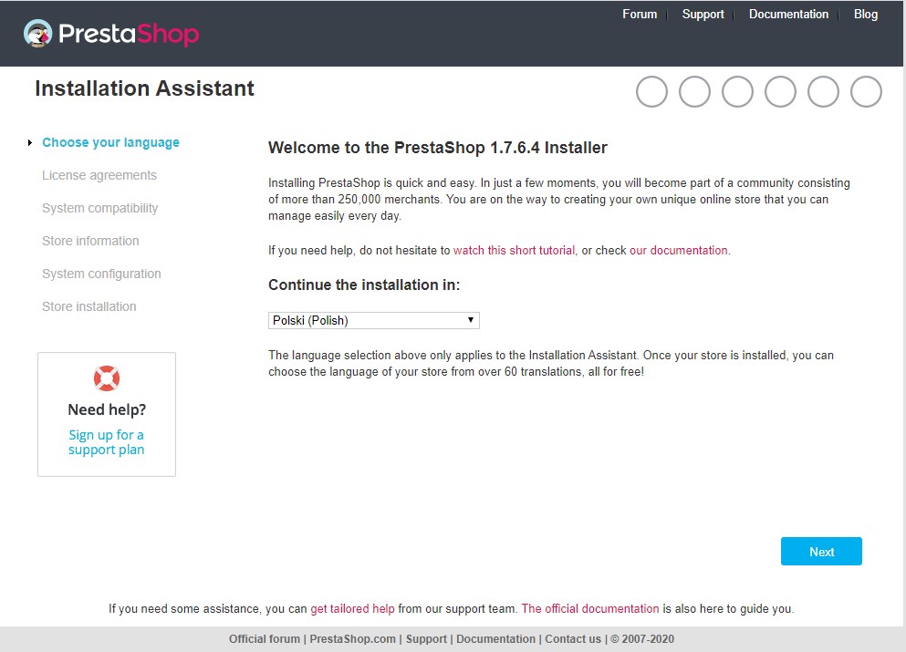 Wybierz język instalacji PrestaShop