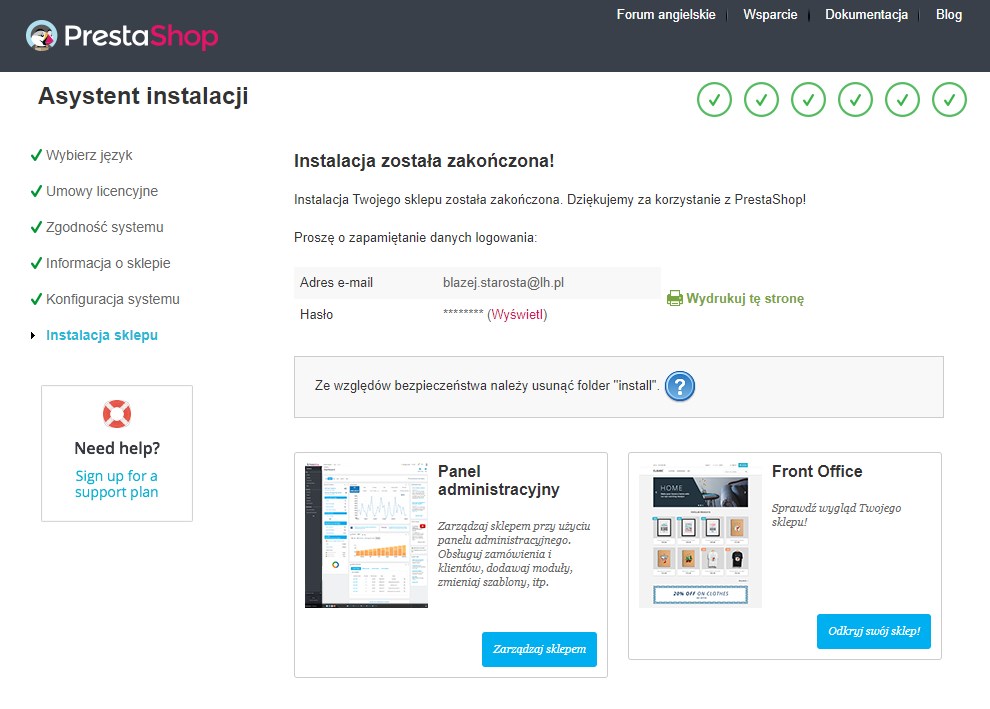Zakończona instalacja PrestaShop