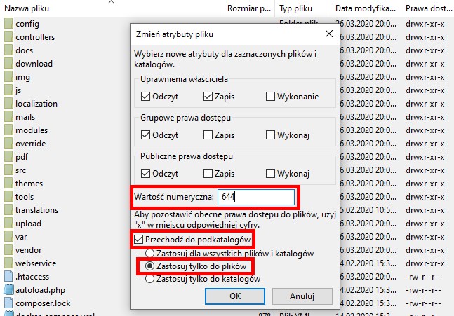 Zmień uprawnienia plików na 644