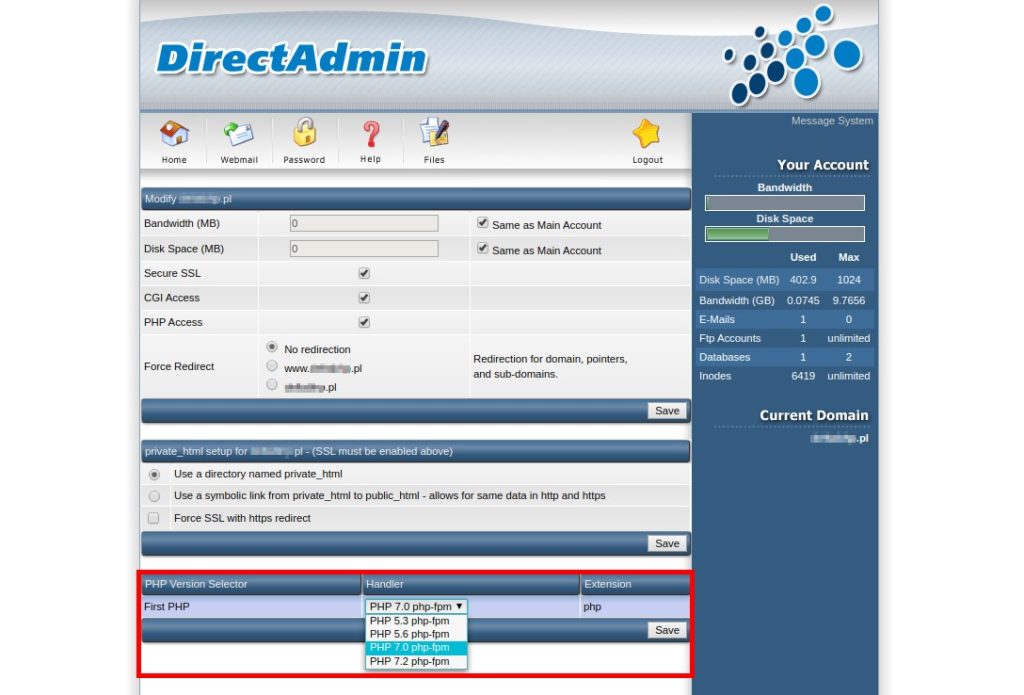 Zmiana wersji PHP w DirectAdmin