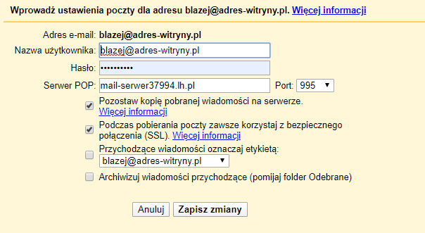 Gmail - konfiguracja POP3 dla LH.pl