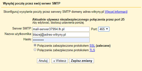 Gmail - konfiguracja SMTP dla LH.pl