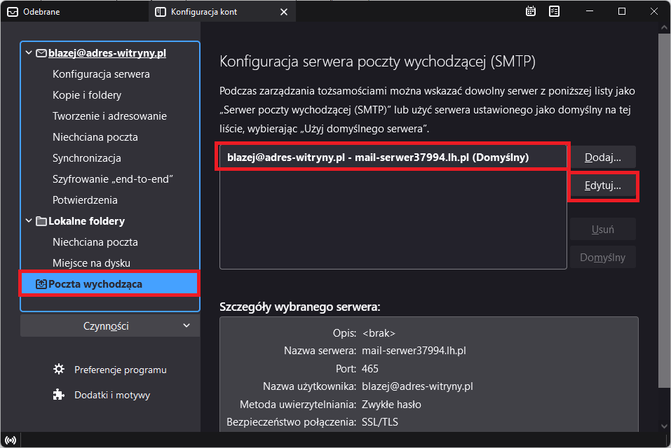 Wejdź do edycji serwera SMTP w Thunderbird