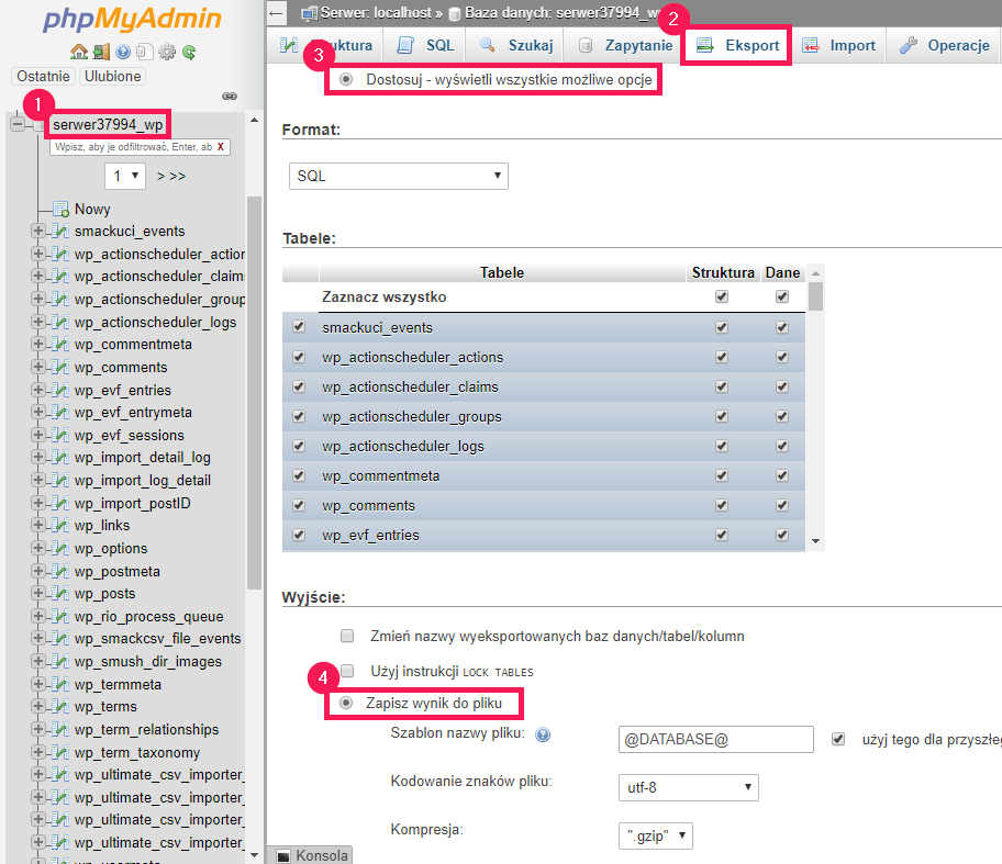 Baza danych MySQL, eksport bazy danych