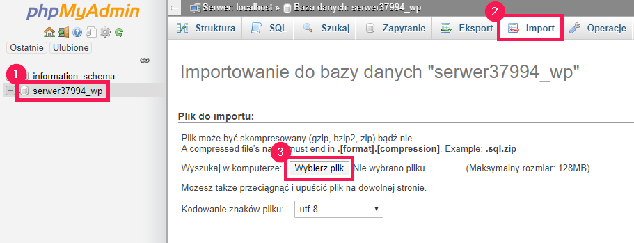 Import bazy danych MySQL