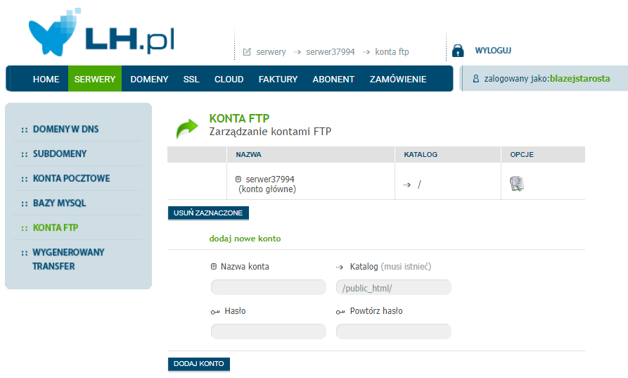 konto FTP w LH.pl