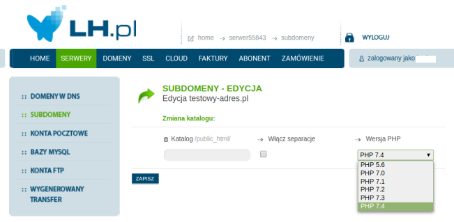 zmiana wersji php w lh.pl