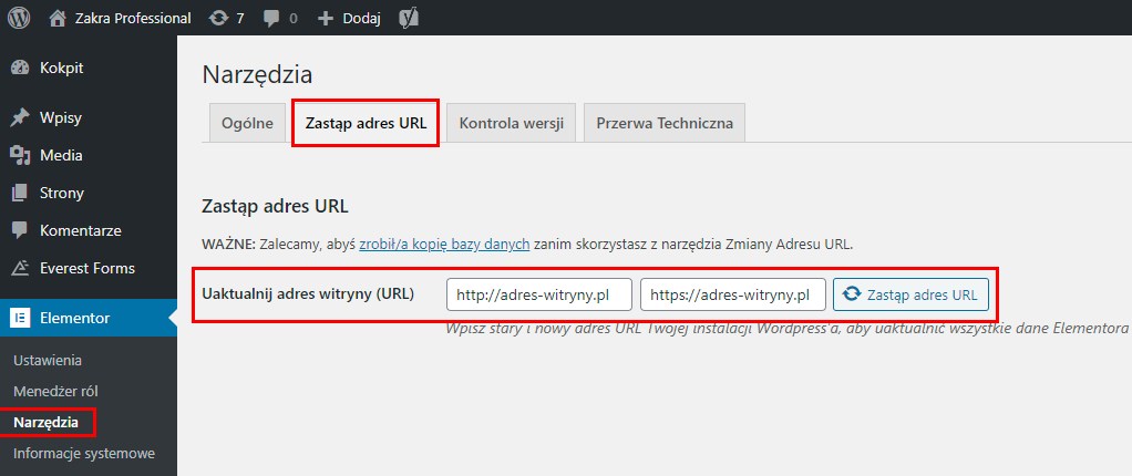 Zastąp adres URL w ustawieniach Elementora