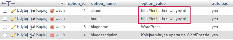 Poprawnie wpisane nowe adresy testowego WordPressa