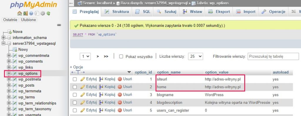 Edytuj w zaimportowanej bazie siteurl i home