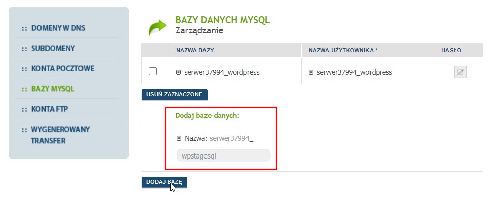 Utwórz bazę danych pod stage WordPressa