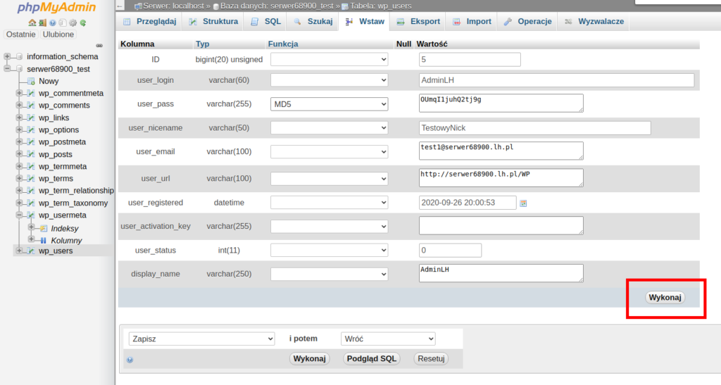 Dodanie nowego użytkownika Admin w bazie danych wordpressa.