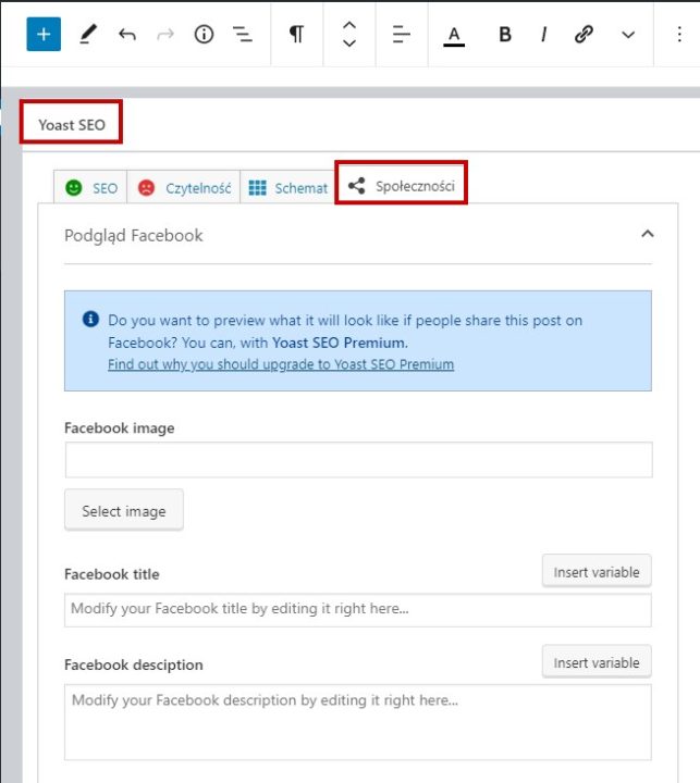 Ustawienia Open Graph dla wpisu lub strony w Yoast SEO
