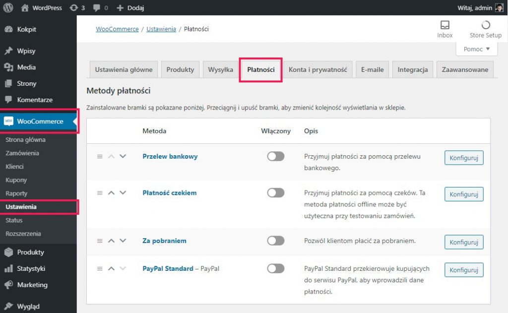 Ekran ustawień płatności w WooCommerce