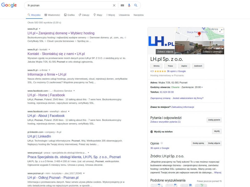 Przykładowa wizytówka w Google Moja Firma