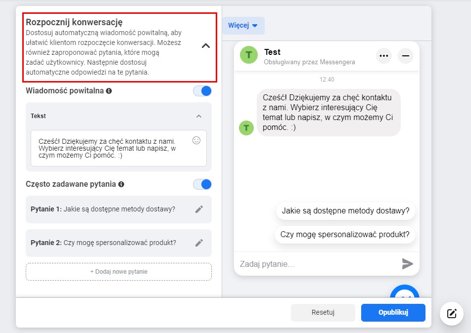Dostosuj wiadomość powitalną i najczęstsze pytania