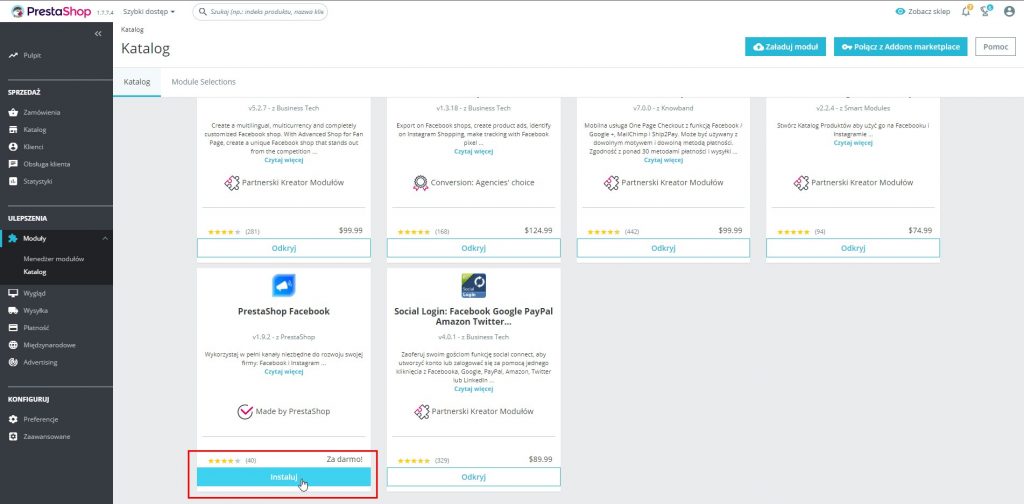 Zainstaluj w PrestaShop moduł Facebooka