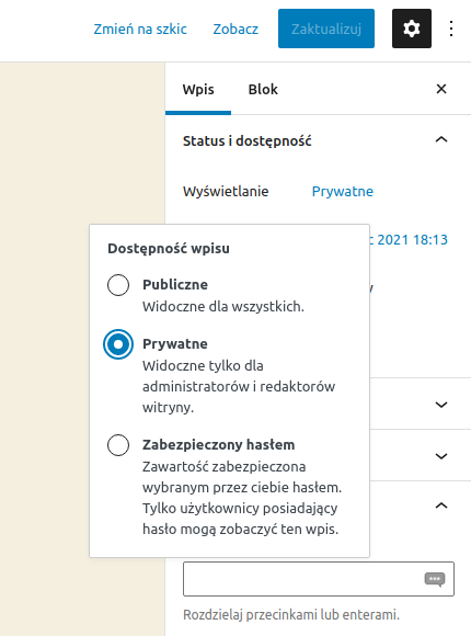 Ustawienie wpisu w WordPressie jaki prywatny