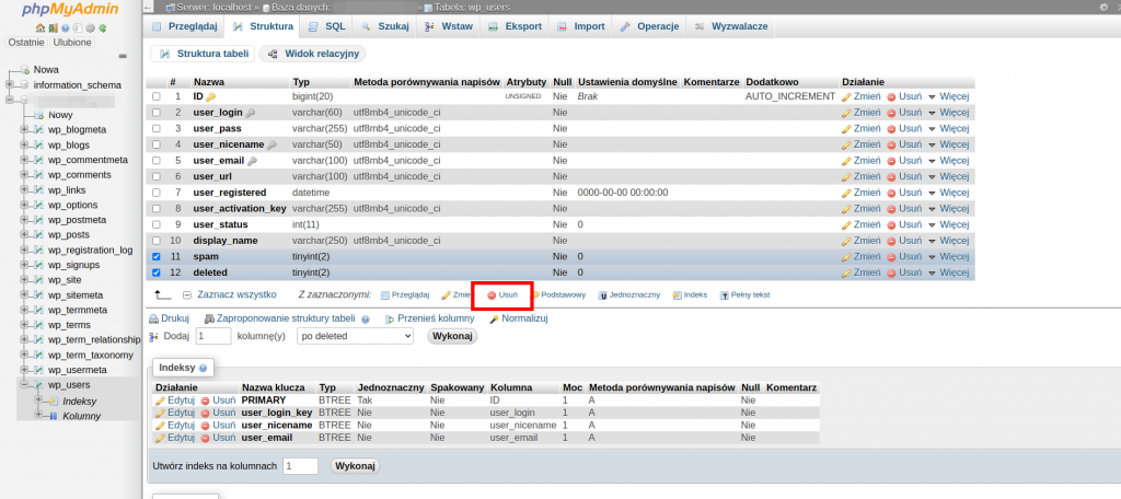 Usunięcie kolumn z phpmyadmin