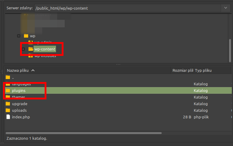 Katalog plugins FTP, wyłączenie ręczne wtyczek. 