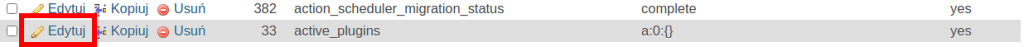Baza danych, edycja active_plugins.