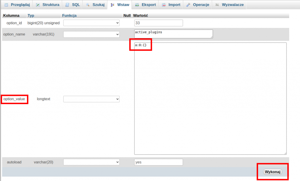 Baza danych - edycja option_value, wyłączenie wtyczek w bazie danych. 