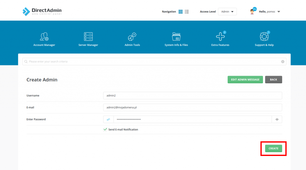 Zapisanie tworzonego konta administratora w Direct Admin