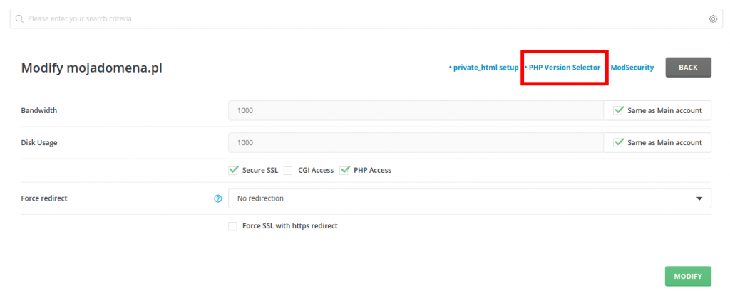 Zmiana wersji PHP dla strony w DirectAdminie