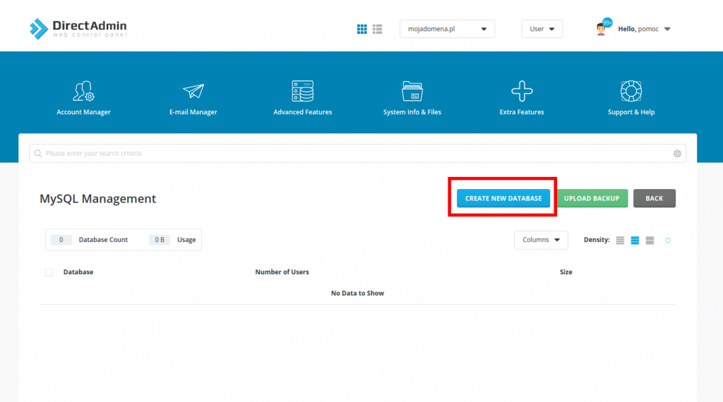 Tworzenie nowej bazy danych w direct adminie.