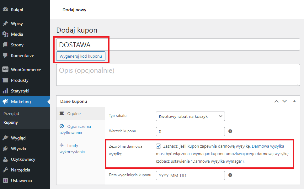 Konfiguracja kuponu darmowej wysyłki w WooCommerce