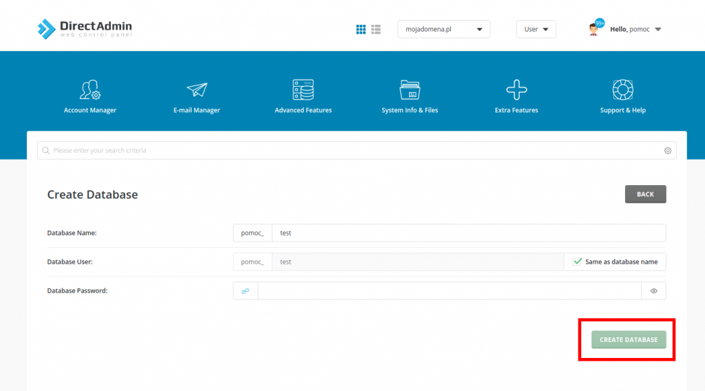 Tworzenie nowej bazy danych w direct adminie.