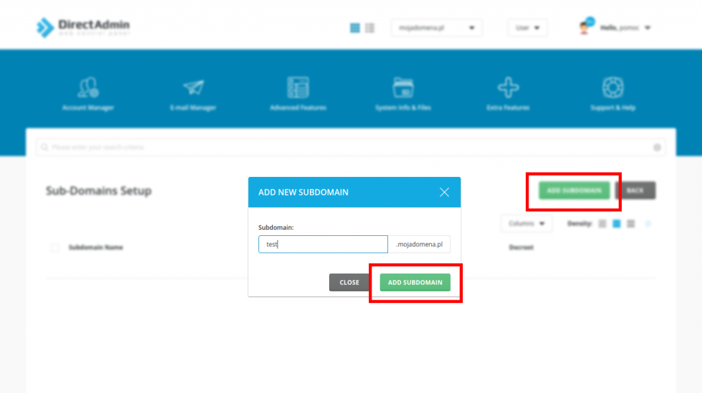 Dodanie subdomeny DIrectAdmin.