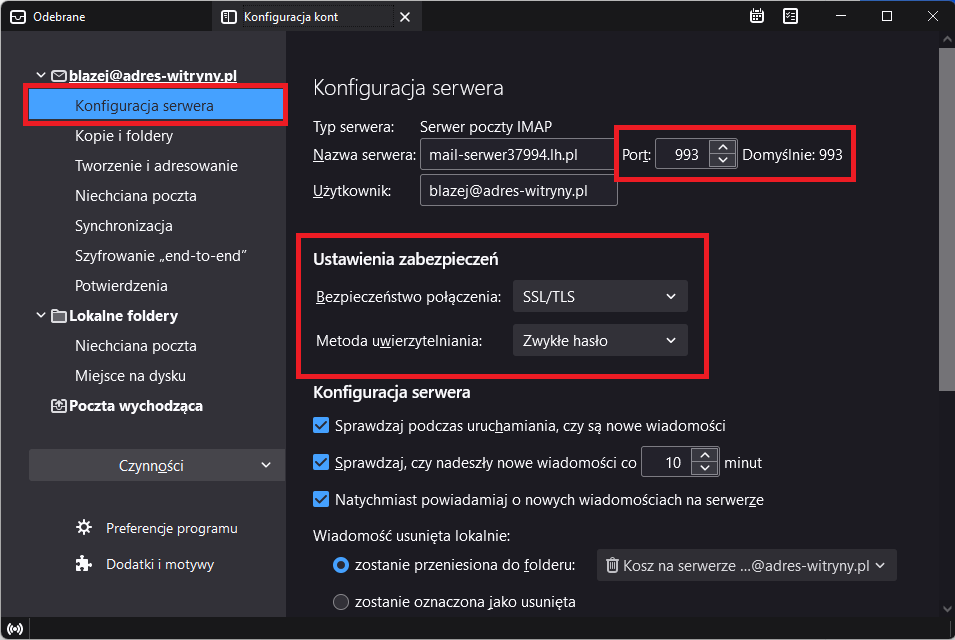 Ustawienia poczty przychodzącej w Thunderbird