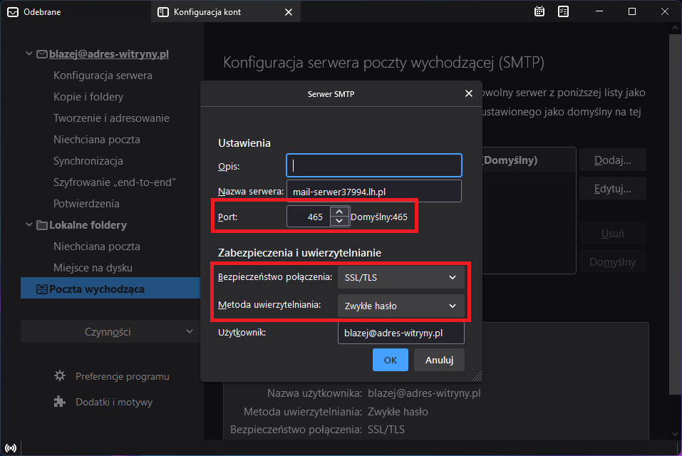 Edycja serwera SMTP w Thunderbird