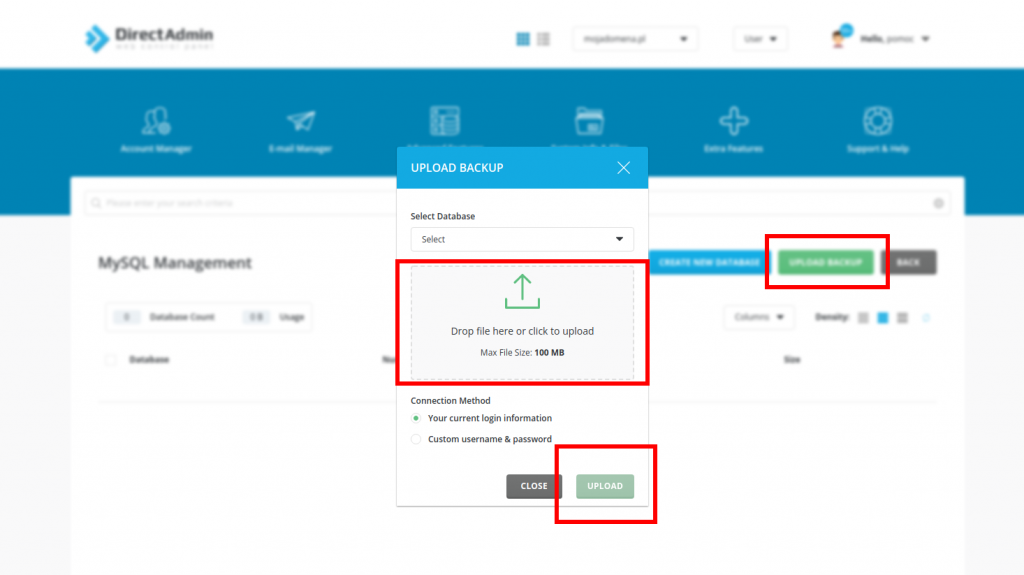 Upload bazy danych - DIrectAdmin