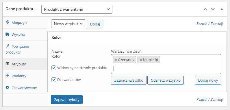 Dodaj atrybuty pod warianty