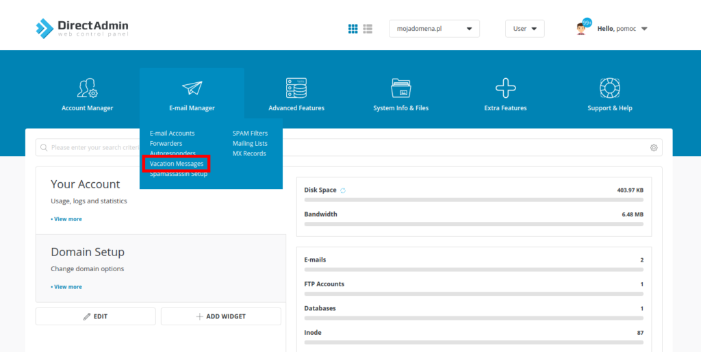 Jak ustawić wiadomość urlopową w DirectAdmin?