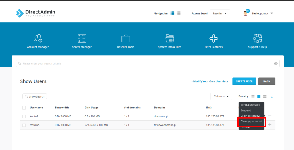 Jakie zmienić hasło dla usera przez resellera w DA?