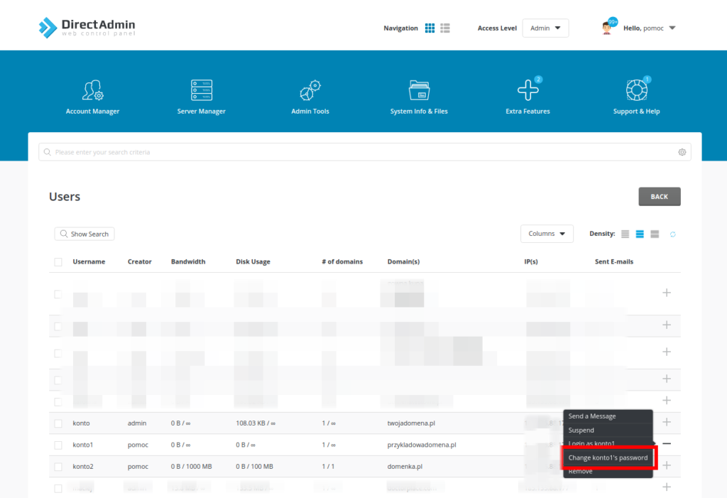 Zmiana hasła dostępowego dla user w Direct Adminie.